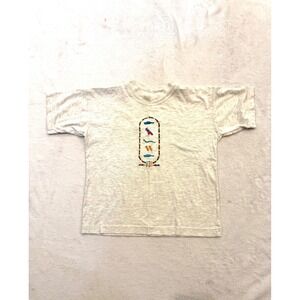 Vintage Darwish Egyptian Hieroglyphics Embroidered Cotton T-Shirt Kids XL Gray